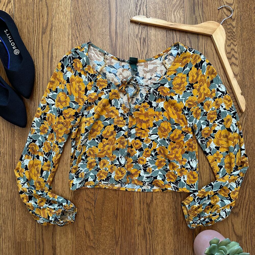 Wild Fable Yellow Green & White Floral Cropped Blouse